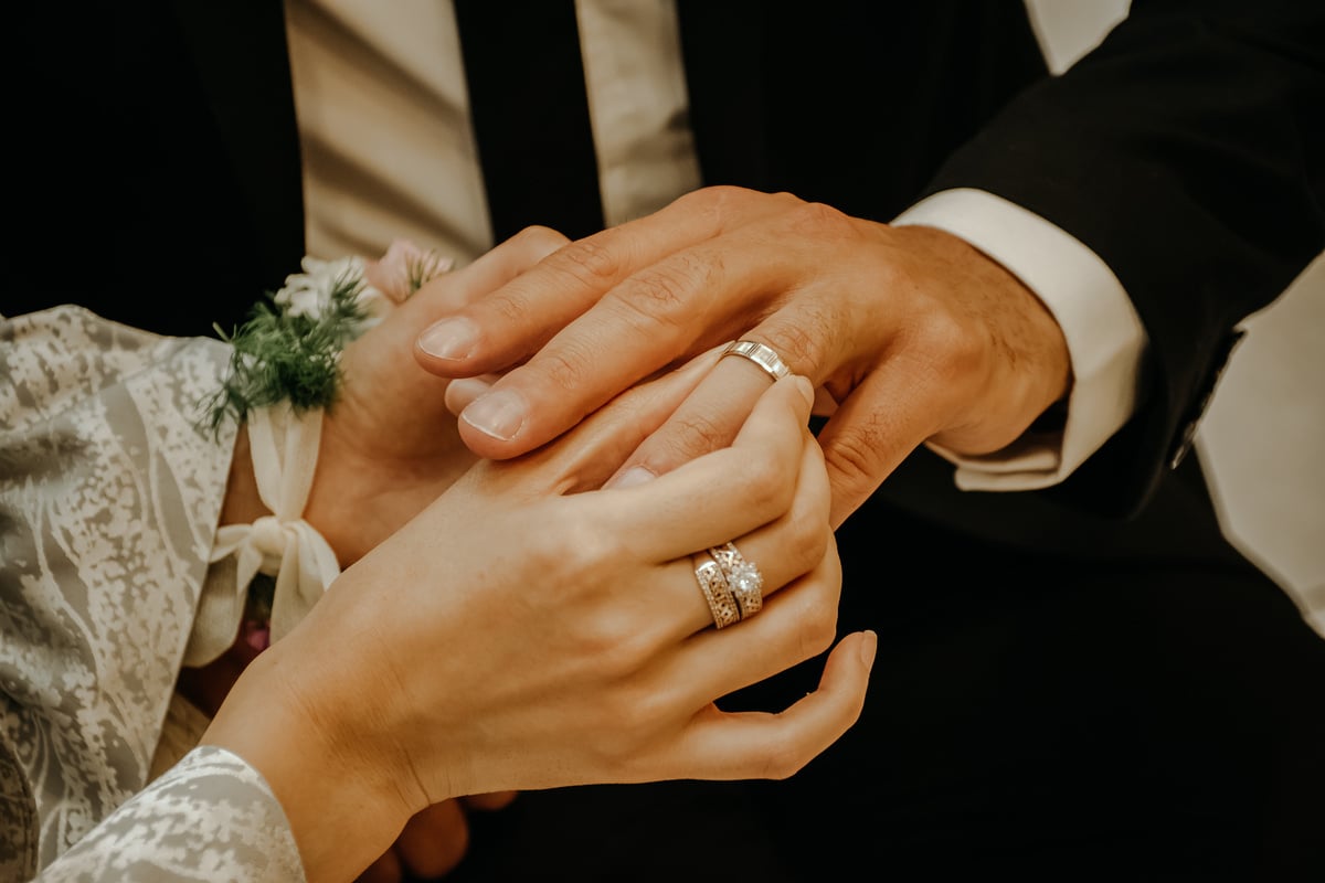 Couple exchanging rings on wedding day