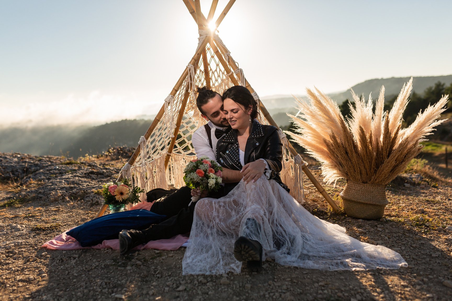 elopement wedding in the mountains, rock and roll style. couple, teepee, sunset.